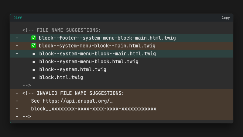 Twig debug diff swapping a UUID suggestion for block--footer--system-menu-block-main.html.twig