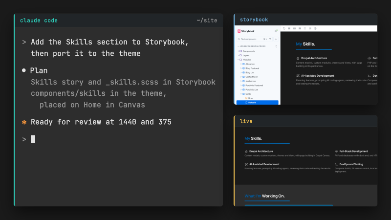 A Claude Code terminal beside the Skills story in Storybook and the jorgecalderon.codes home page